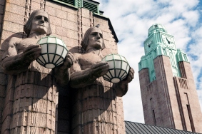 Twins and clock tower in the Helsinki Railway station. Finland